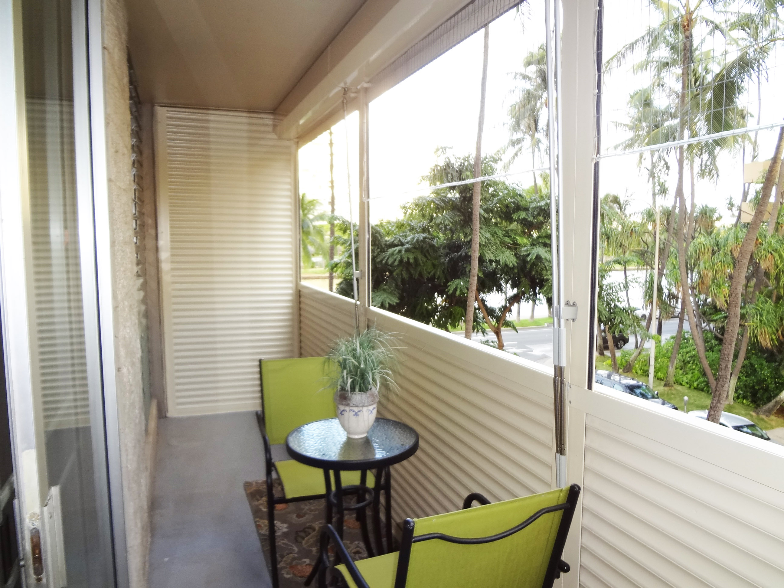Lanai with hurricane shutters open.