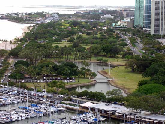 Overlooking Ala Moana beach park.
