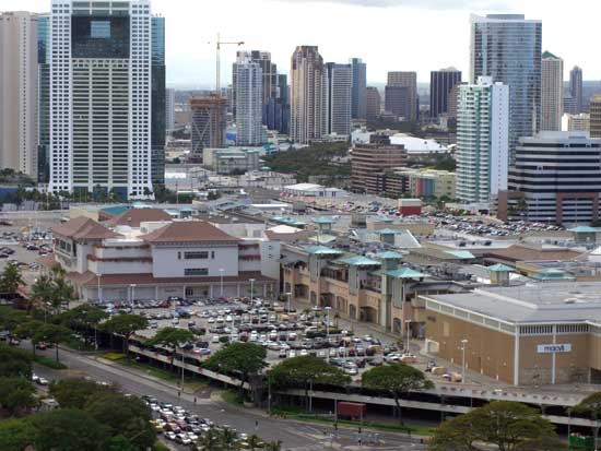 Lychee view of town over the Ala Moana Shopping Center.